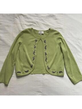 Lime green vintage cardigan with cute paisley embroidered beaded details Size 14